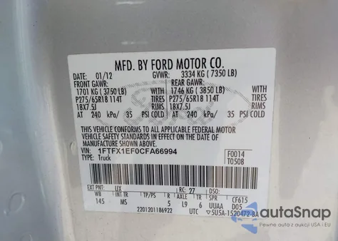 2012 Ford F-150 Xlt z USA, uszkodzony, nr VIN 1FTFX1EF0CFA66994